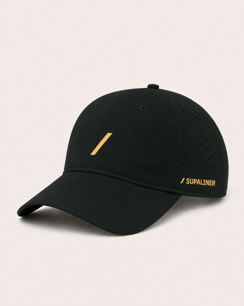 Pine black performance cap with gold slash